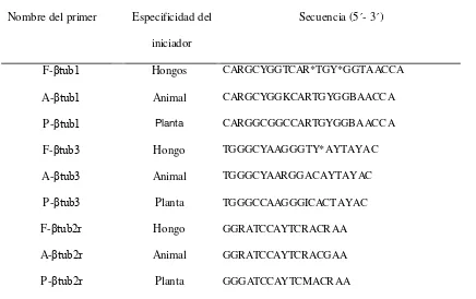 Cuadro 3.  Iniciadores universales de β-tubulina y gama de organismos. Los iniciadores con las letras iniciales de F por hongos, A para los animales, y P para plantas; la letra r denota los iniciadores inversos