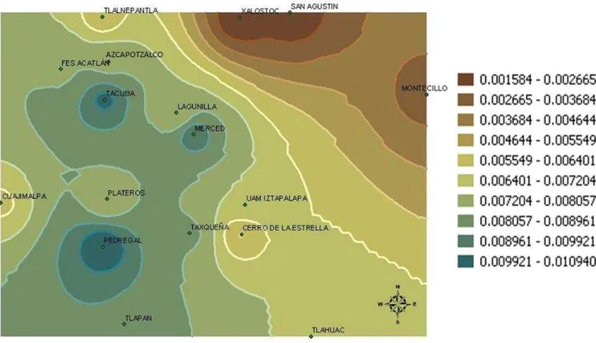Figura 5.2: Localizaci´on de las 17 estaciones de monitoreo y detecci´on de las zonasm´as afectadas con niveles de ozono muy altos (ppm)