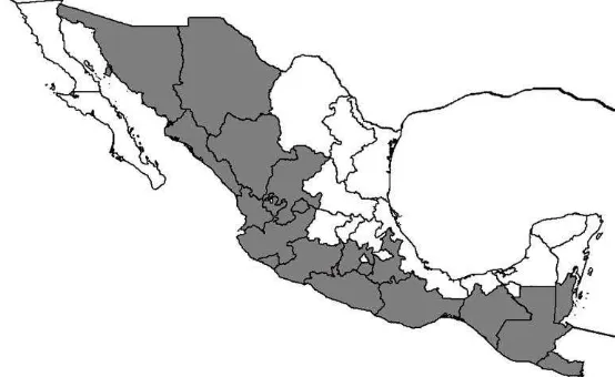 Figura 6. Distribución de Hintonia latiflora en México y Centroamérica. Mapa elaborado por 