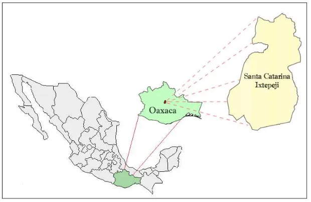 Figura 2.1. Localización del área de estudio dentro del predio comunal de Santa Catarina Ixtepeji, Oaxaca