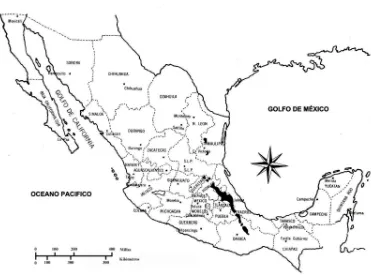 Figura 1. Distribución geográfica de Pinus patula Schl. et Cham. en México (Modificado de Perry, 1991)