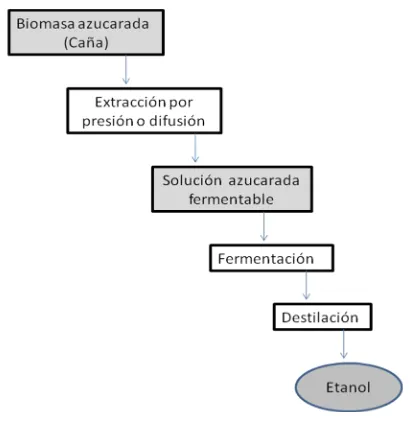 Figura 2. Síntesis de rutas tecnológicas para la producción de bioetanol a partir de caña de azúcar (Horta 2004)