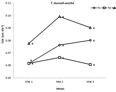Figura 4.Tasa de Crecimiento Relativo (TCR) en altura, para T. donnell-smithii en los tres periodos 