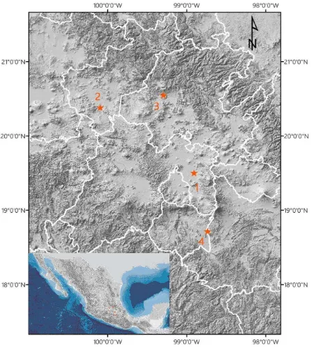 Figura 1.1 Localización de poblaciones muestreadas de Taxodium mucronatum en el Centro de México: 1