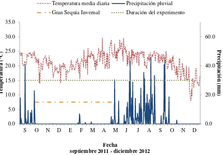 Figura 1. Temperatura y precipitación pluvial diaria durante el periodo del experimento; 