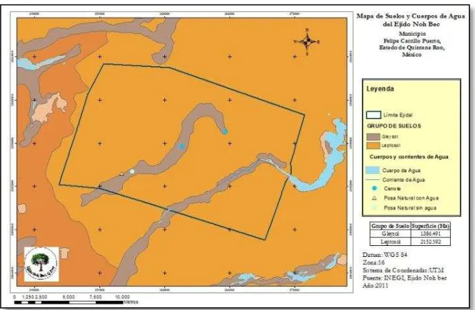 Figura 4.- Mapa de suelos e hidrografía del ejido Noh Bec 