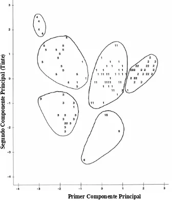 Figura 4.1. Dispersión de 114 poblaciones de maíz en el plano determinado por 