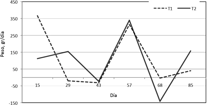 Figura 3. Ganancia diaria de peso de terneras apacentadas en un sitio con vegetación secundaria durante un período de 12 semanas