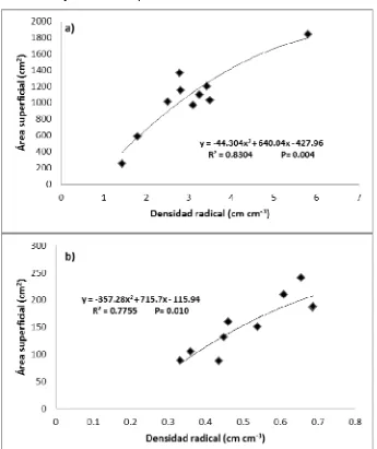 Figura 13. Correlación de la densidad radical (RLD) con el área superficial (AS) de las raíces de  maíz (a) y cebada (b) en los diferentes tratamientos
