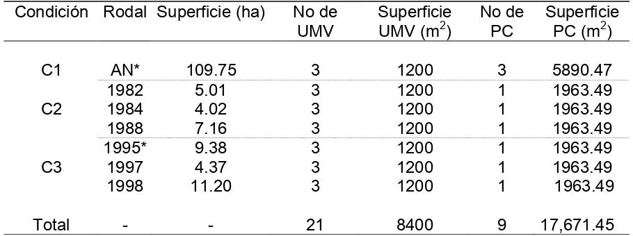 Cuadro 1. Condición y forma de agrupación de los rodales, número de Unidades de Muestreo Vegetal (UMV) y Parcelas Circulares (PC) establecidas en 