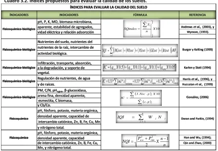 Cuadro 3.2. Índices propuestos para evaluar la calidad de los suelos. 