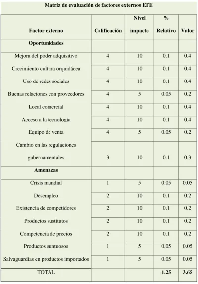 Tabla 7 Matriz de evaluación de factores externos EFE 