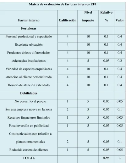 Tabla 8 Matriz de evaluación de factores internos EFI 