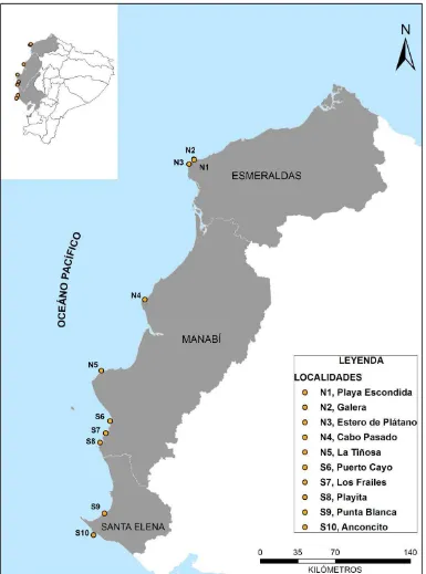 Figura 1.  Mapa que muestra las localidades intermareales rocosas muestreadas durante la 