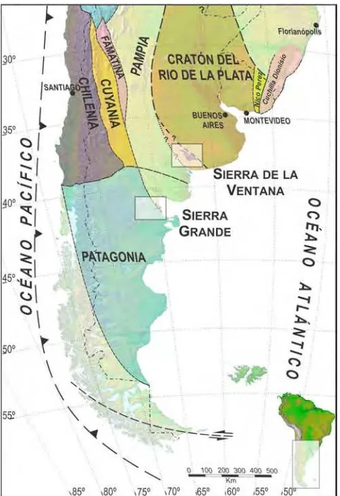 Figura I-2.- Distribución de los  terrenos sudamericanos acrecionados y ubicación de las áreas de estudio