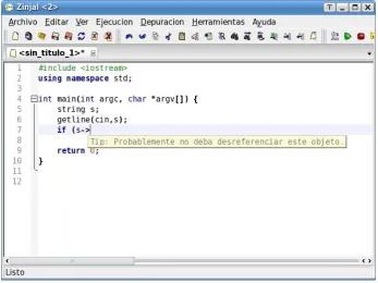 Fig. 1. ZinjaI 's basic interface. It shows emerging message wich warns the user about potential errors detected by the auto-completion system