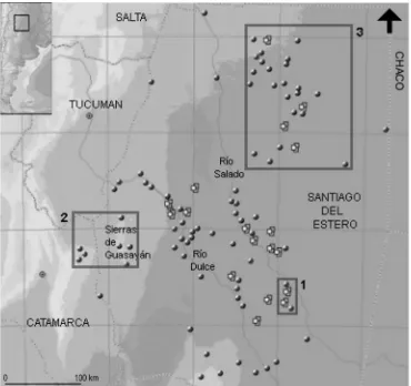 Figura 1. Mapa de Santiago del Estero. Los puntos señalan la distribución de algunos de los más de 200 sitios conocidos en la Provincia