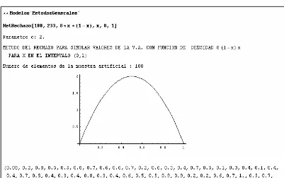 Figura 1: Resultados obtenidos en la ejecución del procedimiento MetRechazo, para  simular valores de la variable aleatoria con función de densidad y=8x (1-x), en el intervalo (0,1) con 100 iteraciones