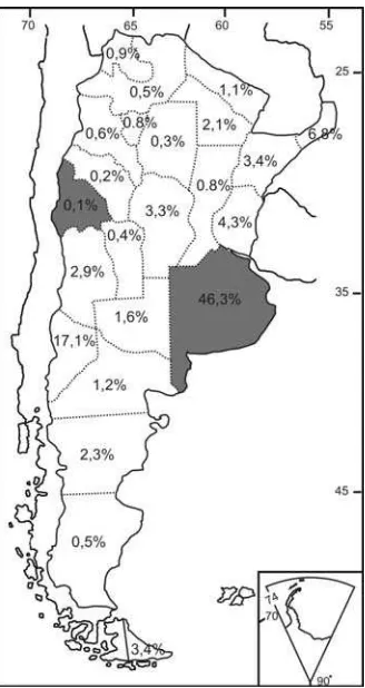 Figura 1. Mapa de Argentina mostrando los porcentajes de especímenes, por provincia, 