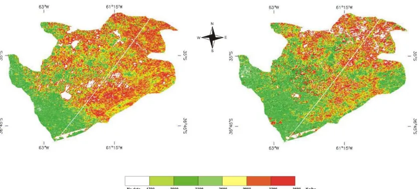 Fig. 3. Maps of soybean yield for a humid period (200272003) and dry period (200772008)