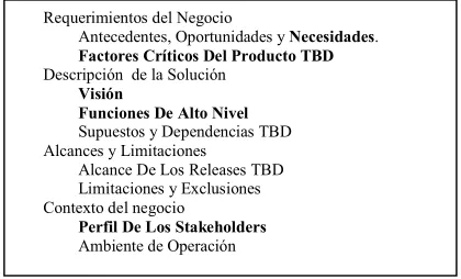 Table 1. Índice del Documento de “Visión y alcance” 