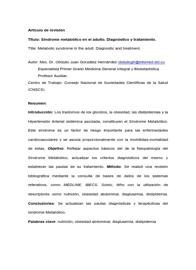 Título Síndrome metabólico en el adulto Diagnóstico y tratamiento