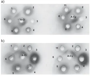 Figura 2. Pruebas de doble inmunodifusión. a) Doble difusión de sueros de diferentes especiesfrente al sueros anti Caimam latirostris (A-Cl) y anti Caiman yacare (A-Cy)