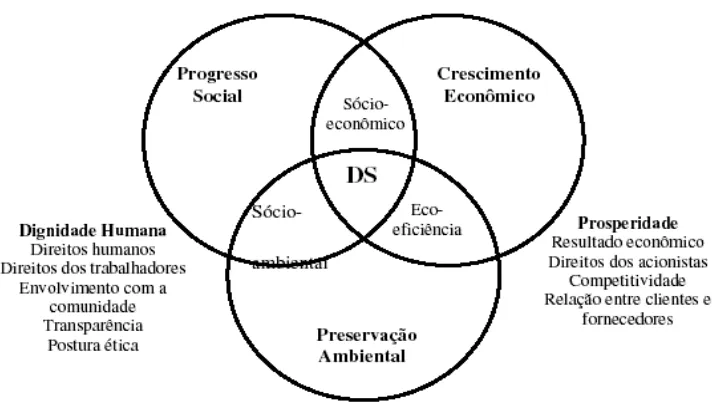 Figura 1. As três dimensões do desenvolvimento sustentável – DS. Fonte: Baseado em Kraemer (2003) e ICN-REN (2005)