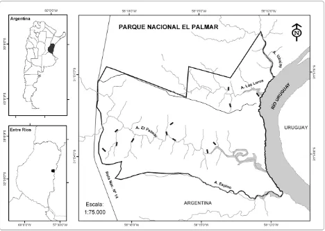 Figura 1. Superficie actual del Parque Nacional El Palmar y sitios de muestreo (rectángulos negros).
