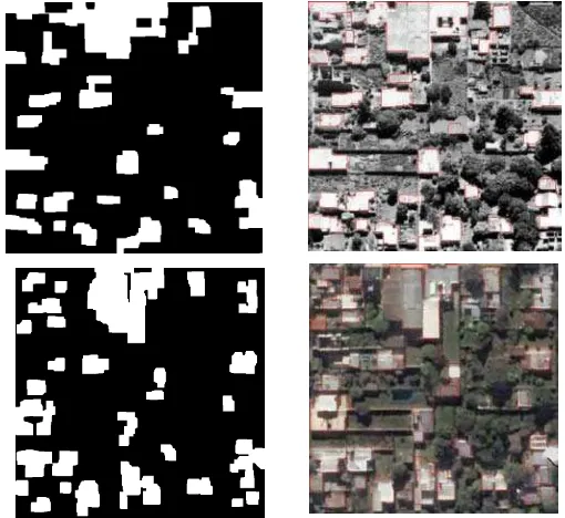 Fig. 6 a) y b) Máscara y segmentación superpuesta con Otsu en imágenes aéreas  c) y d)Máscara y segmentación superpuesta con Otsu en imágenes satelitales 