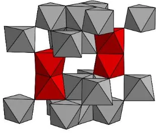 Figura 2. Estructura cristalina de la hematita representación del apilamiento de poliedros, en rojo poliedros que comparten caras