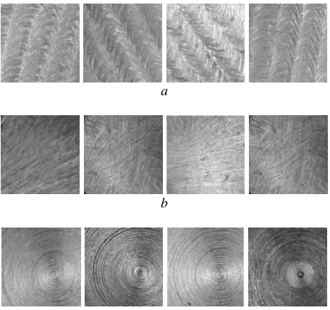 Fig. 8. Examples of metal surfaces after: a) milling, b) polishing with sandpaper, c) turning with lathe 