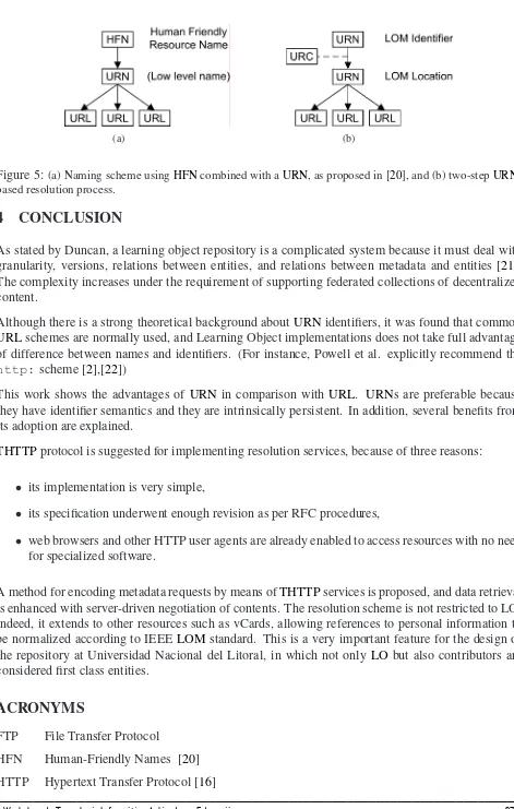 Figure 5: (a) Naming scheme using HFN combined with a URN, as proposed in [20], and (b) two-step URN-