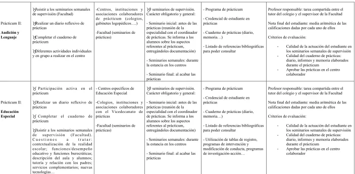 Cuadro nº 1. Análisis de los programas del Prácticum II de Audición y Lenguaje y Educación Especial