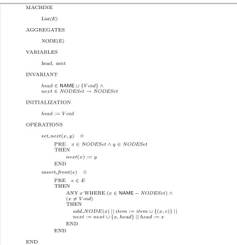 Fig. 7. We make use of the AGGREGATESa list. Such instances are now elements of a set called NODESet, and controlled“dynamic instances” of the clause, that allows us to have several NODE abstract machine, as one expects to have in“dynamically” by a NODEManager abstract machine.