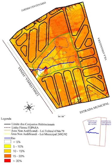 Figura 2. Mapa digital com indicação da percentagem de declividade das vertentes. 