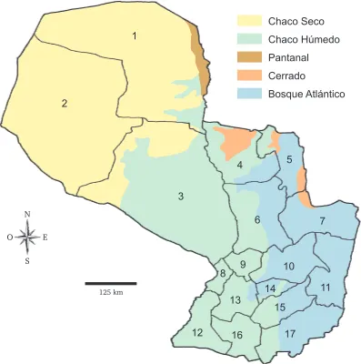 Figura 1. Mapa político de Paraguay con ecorregiones. 1) Alto Paraguay. 2) Boquerón. 3) Presi-dente Hayes
