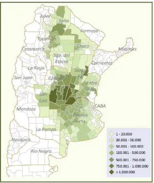 Figura 1.1 Distribución territorial de soja en hectáreas en Argentina. (Fuente Ministerio 