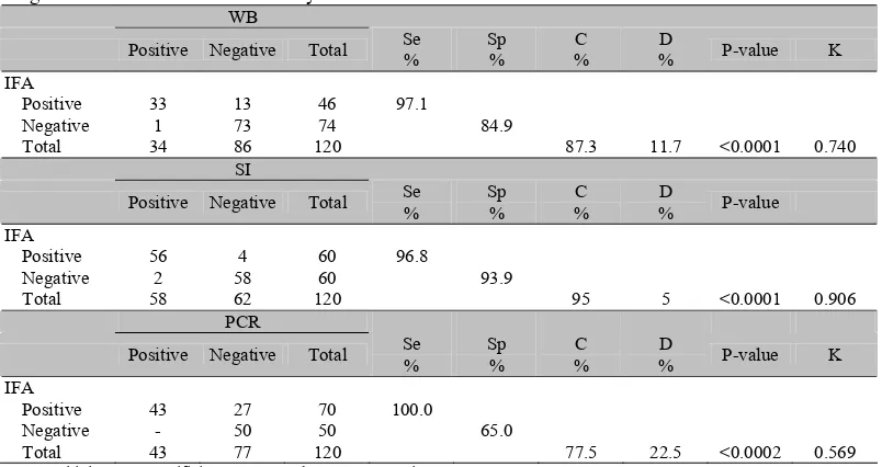 Table 1. Comparison of immunofluorescence assay (IFA), western blot (WB) and sandwich immunochromatographic (SI) for antobodies, and polymerase chain reaction (PCR) for genome in the diagnosis of feline immunodeficiency virus 