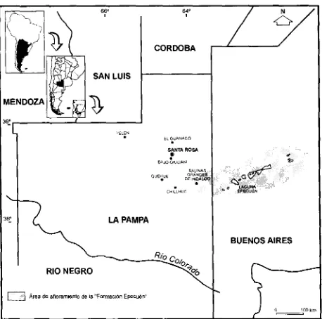 Fig. l.-Mapalocalidades de la provincia de La Pampa portadoras de los fósi-les estudiados en este trabajo