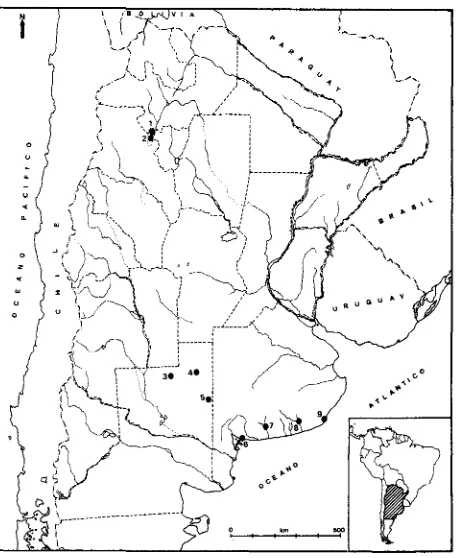 Fig. 4.-Ubicación geográfica de las localidades fosilíferas Loma Rica portadoras de restos de Hyperdidelphys: Aires: Rosales), de Coronel Dorrego naco, Provincia de Catamar- ca: (1) Valle del río Santa María (Chiquimil [=Entre Ríos], y Este de Santa María)