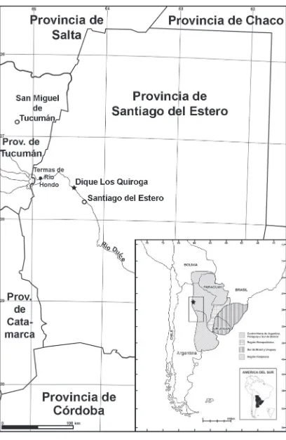 FIGURA 1: Mapa con la ubicación de la localidad del hallazgo. En el extremo inferior derecho se indica la ubicación del yacimiento en el contexto de las regiones paleobiogeográficas propuestas previamente (Carlini et al., 2004).