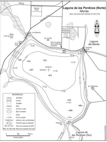 Figura 2. Planimetría y batimetría del sector Norte de la laguna de las Perdices. 