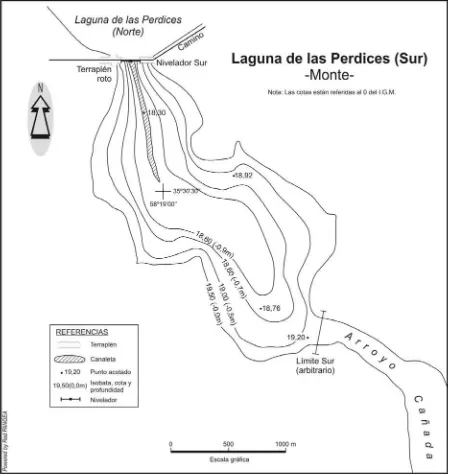 Figura 3. Planimetría y batimetría del sector Sur de la laguna de las Perdices. 