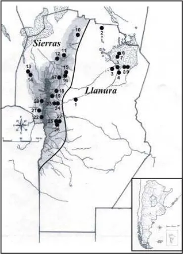 Fig. 1. Mapa de la Provincia de Córdoba donde se indican los sitios arqueológicos de procedencia de los individuos incluidos en este trabajo, agrupados por submuestras geográﬁ cas