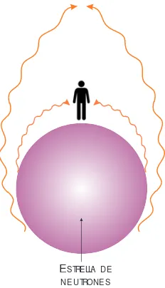 Figura 2: Efecto del campo gravitatorio de una estrella de neutrones. Unobservador en la superﬁcie de la estrella podría observar más alládel horizonte debido a que la fuerza gravitatoria curva el caminode la luz.