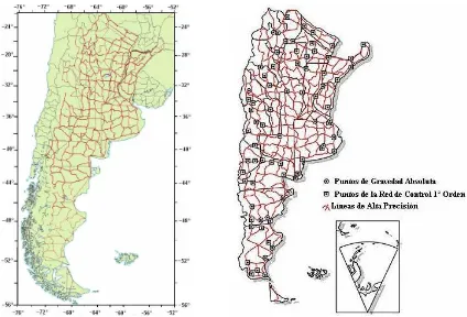 Figura 3.3 – Marco de referencia vertical argentino. Red de Nivelación (izquierda) y Red Gravimétrica (derecha)