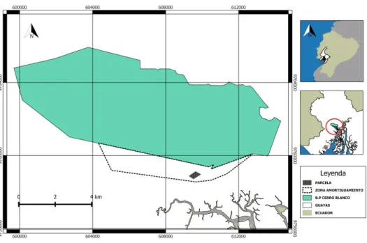 Figura 3. Mapa del área de estudio Bosque Protector Cerro Blanco. 