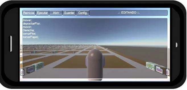 Fig. 4. Panel de edición de código y vista en primera persona de la ciudad. 