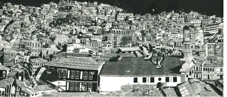 Fig.11- Loro Coirón Desde el cerro Cordillera. Los cerros: Toro, Santo Domingo, Arrayan, Playa Ancha, Artillería, componentes de la corona del Barrio Puerto